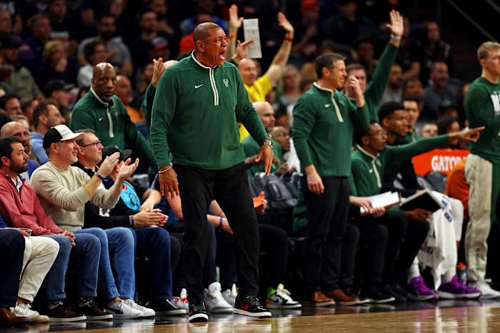 Milwaukee Bucks head coach Doc Rivers reacts during the first quarter of the game against the Phoenix Suns